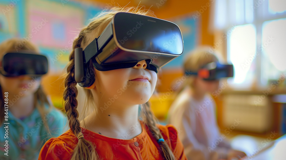 kids in classroom learning through technology, wearing virtual reality headset, vr glasses kids in classroom learning through technology, wearing virtual reality headset, vr glasses