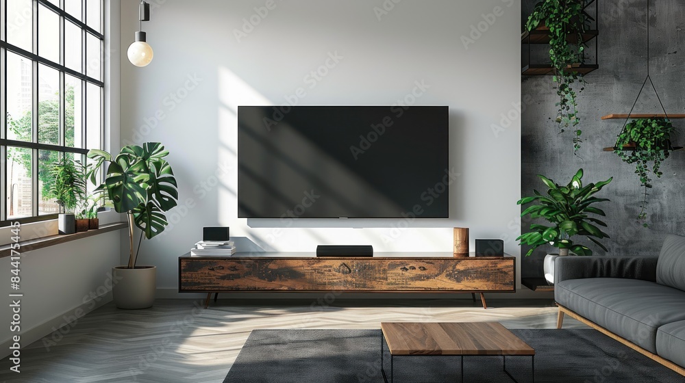 Modern Living Room with Flat-Screen TV and Plants Modern Living Room with Flat-Screen TV and Plants