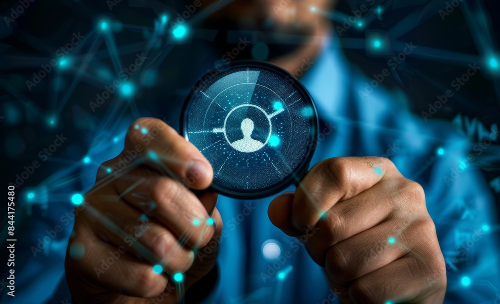 The businessman uses a magnifying glass to show people on a virtual screen an icon with a check mark, holding the human icon, talent selection, HR, personnel recruitment The businessman uses a magnifying glass to show people on a virtual screen an icon with a check mark, holding the human icon, talent selection, HR, personnel recruitment