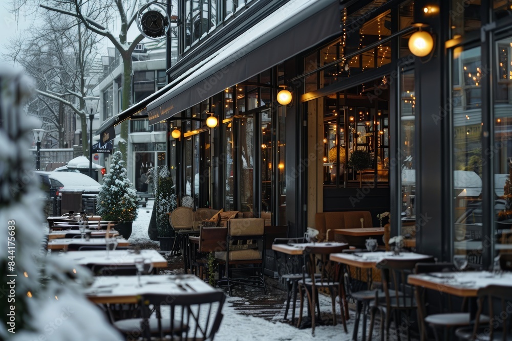 Fototapeta premium Winter city center exterior view of restaurant building in the snowy urban landscape
