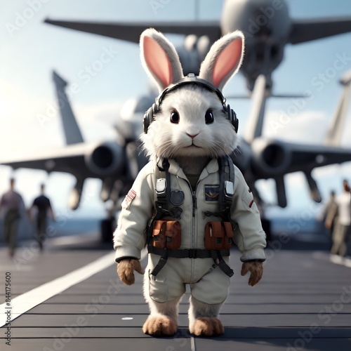 a rabbit character is standing on a ship deck with a plane in the background.