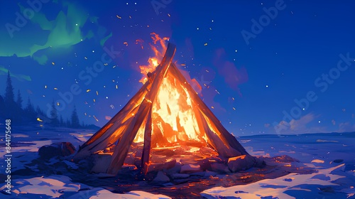 Aurora Landscape. Realistic bonfire under the northern lights with a large fire burning brightly surrounded by snow-covered ground and the aurora borealis lighting up the sky. Warm glow. photo