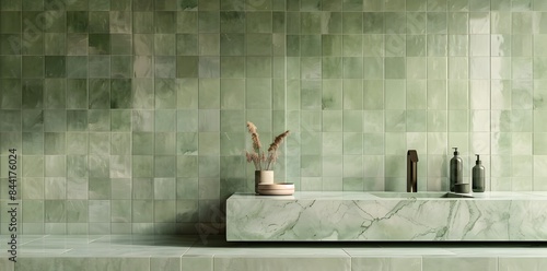 Empty white marble tabletop on fresh mint green tiles background, abstract modern backgrounds for show,ads,design product on display concept