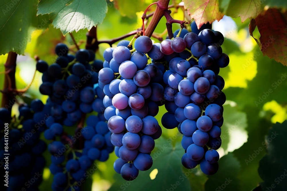 Naklejka premium Blue grapes hanging on a tree. Blue grapes in the garden