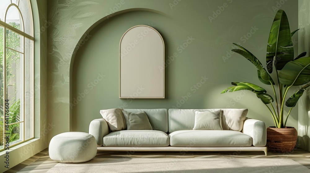 Fototapeta premium Minimalist Living Room with Green Walls and a Lush Plant