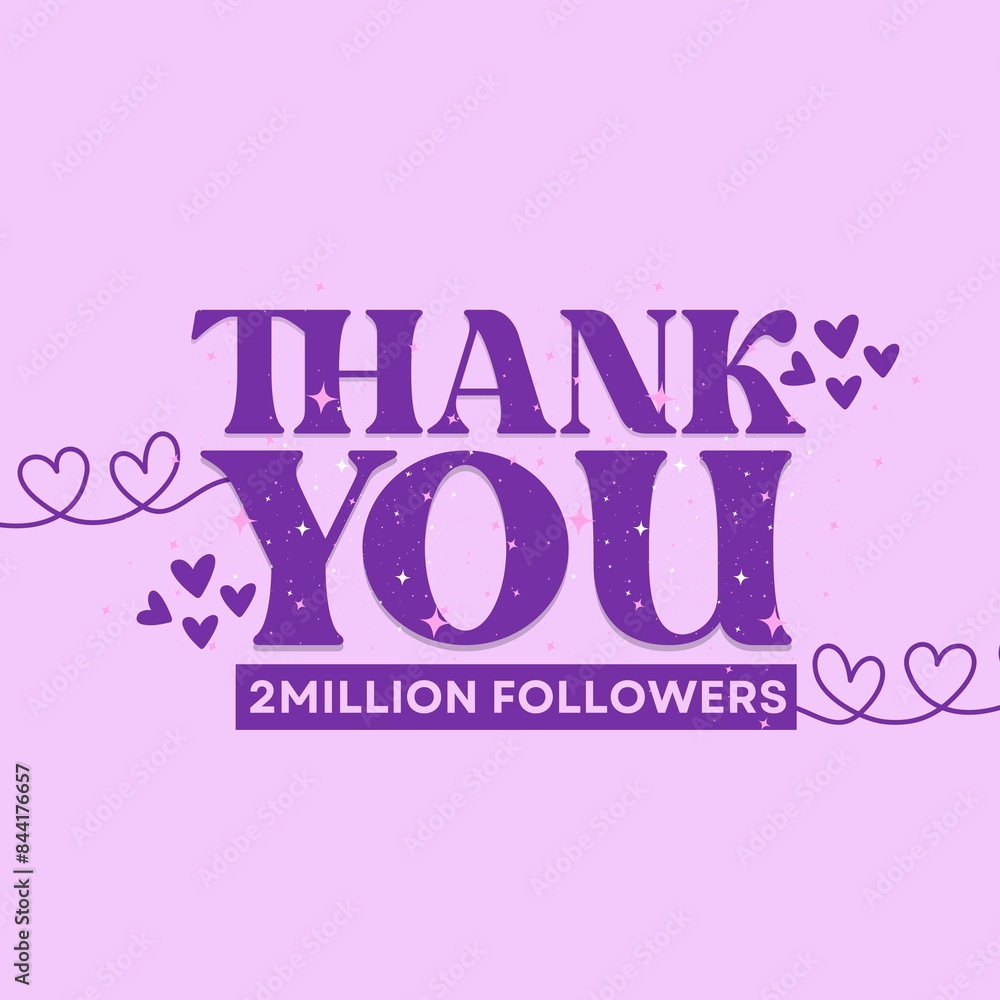 Fototapeta premium 2 Million Followers Thank You Card minimalist design with purple shades and hearts