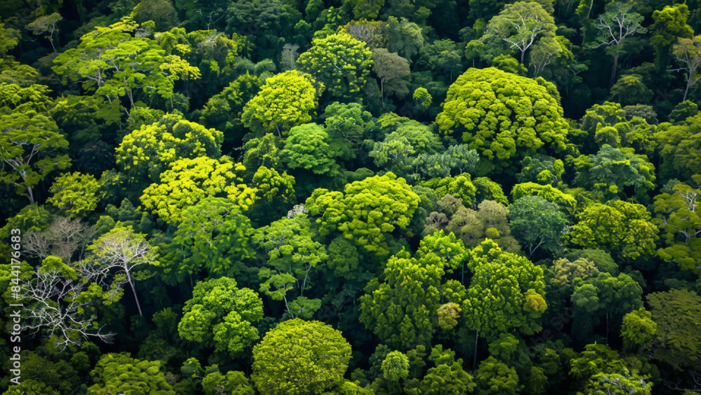 Naklejka premium Aerial view of dense green tropical rainforest canopy with vibrant foliage