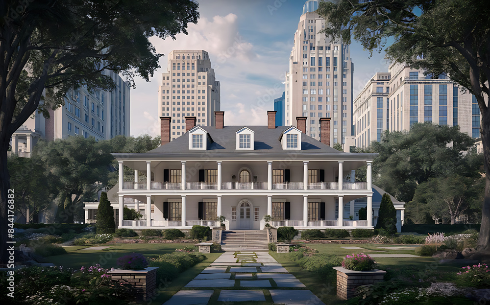 Fototapeta premium A stunning, southern-style mansion surrounded by towering buildings and lush gardens.