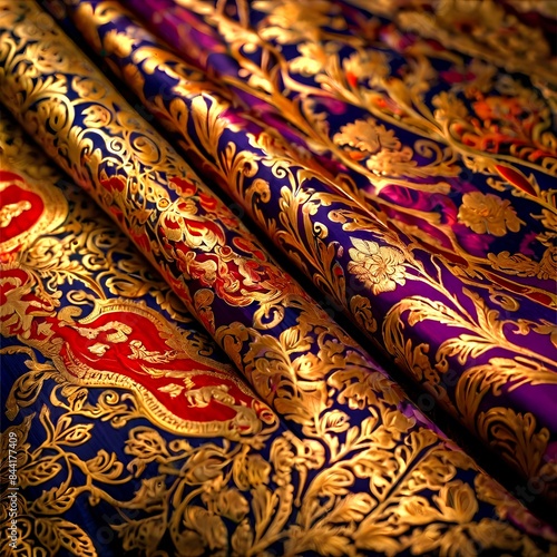 close-up of intricate silk saree patterns and colors, created with generative ai.