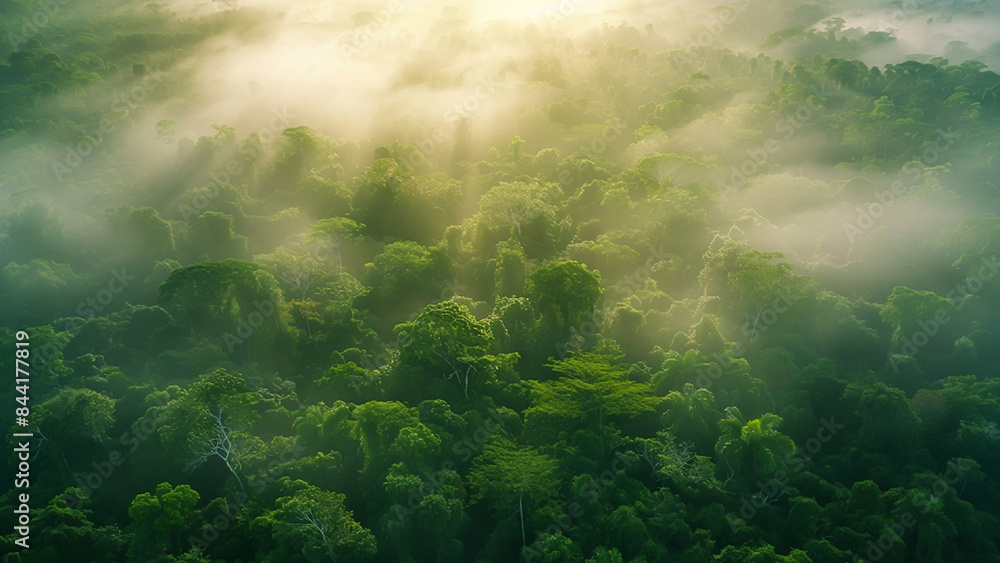 Aerial view of misty tropical rainforest with dense green canopy at sunrise Aerial view of misty tropical rainforest with dense green canopy at sunrise