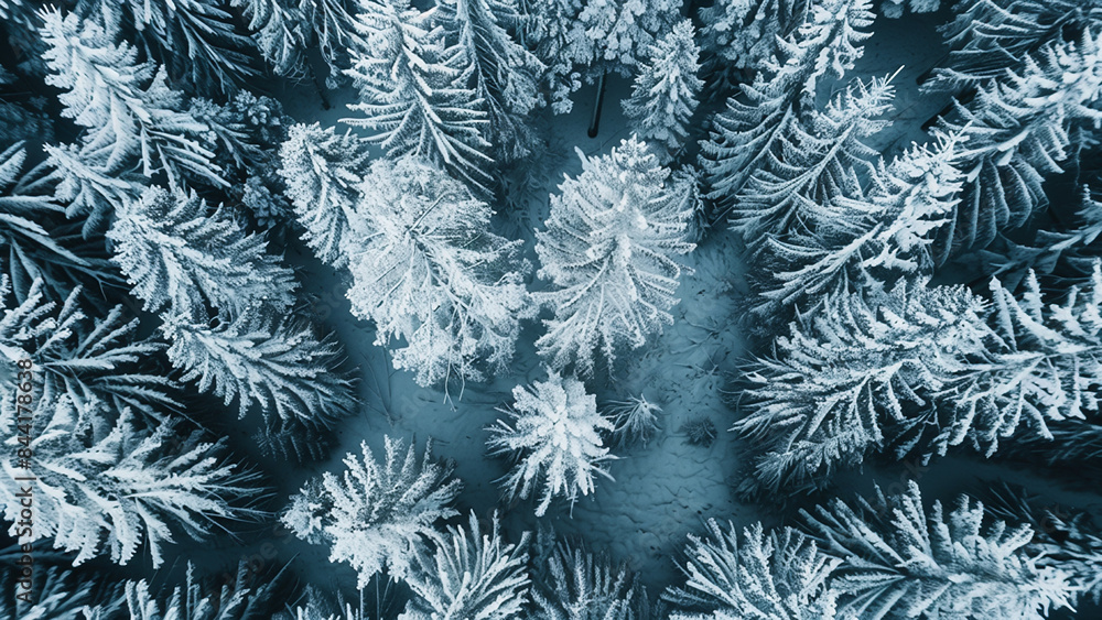 Aerial view of snow-covered pine trees in a winter forest landscape Aerial view of snow-covered pine trees in a winter forest landscape