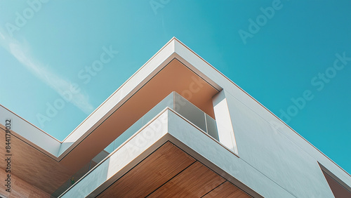 Modern minimalist balcony design with clean lines and bright blue sky