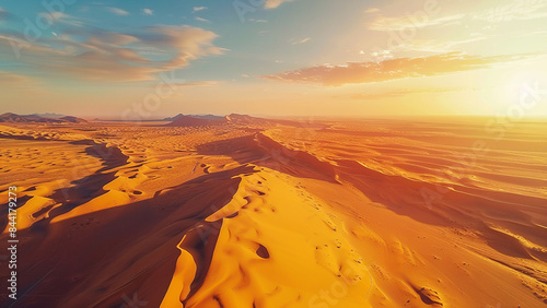 Aerial View of Majestic Desert Landscape with Golden Sand Dunes at Sunrise