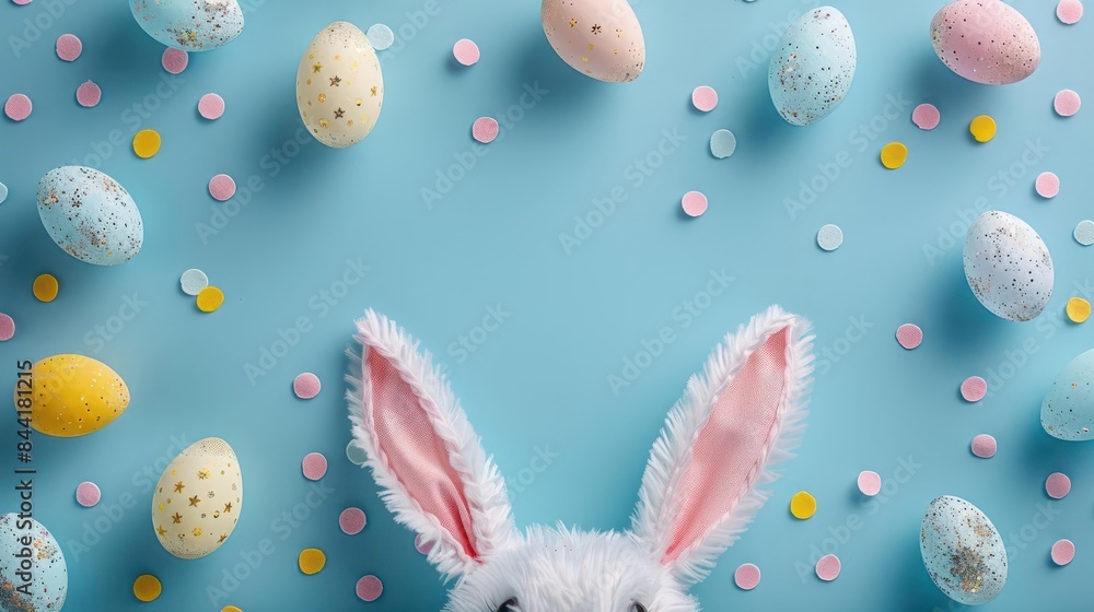 A Cheerful Easter Bunny Flanked by an Array of Festive Eggs A Cheerful Easter Bunny Flanked by an Array of Festive Eggs