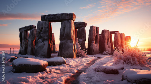 frozen Stonehenge during sunset photo