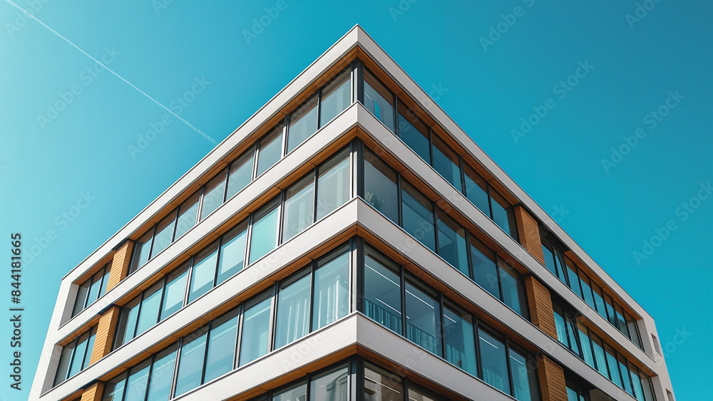 Corner View of Modern Building with Glass Windows and Wooden Panels Against Clear Blue Sky Corner View of Modern Building with Glass Windows and Wooden Panels Against Clear Blue Sky