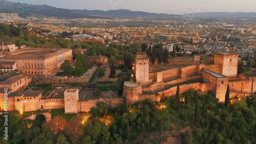 Aerial view of the historic Alhambra palace at night, Granada, Andalusia, Spain