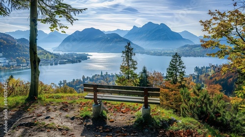 viewpoint Leeberg hill with bench, Rottach-Egern at the opposite lakeside Tegernsee photo