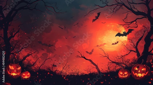 Wallpaper Mural Tranquil Halloween Serenity, Bats, Luminous Pumpkins, and a Celestial Full Moon Under a Fiery Sky Torontodigital.ca