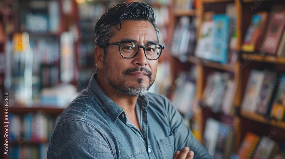 Confident middle-aged Hispanic man in library, wearing glasses, arms crossed, thoughtful expression
Confident middle-aged Hispanic man in library, wearing glasses, arms crossed, thoughtful expression