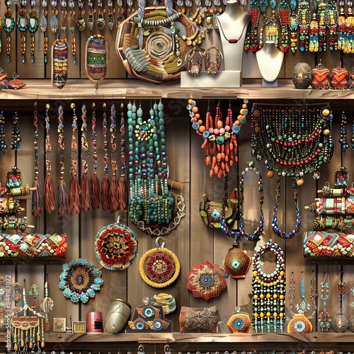 Artistic rendering of a display featuring a variety of handmade beadwork jewelry, each piece telling a story through its patterns and colors, ideal for a boutique showcase