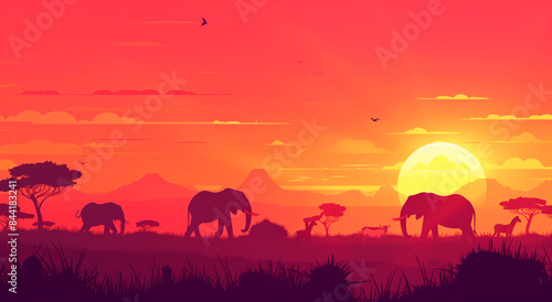 there are many elephants and giraffes in the wild at sunset