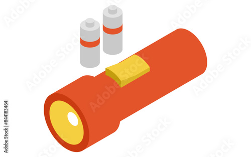 Eemergency kit of flashlight and battery, simple isometric illustration