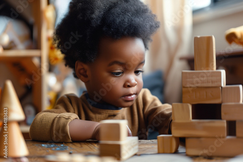 A young child is playing with wooden blocks, smiling and looking at the camera. Concept of joy and innocence, as the child is engaged in a simple yet enjoyable activity © lashkhidzetim