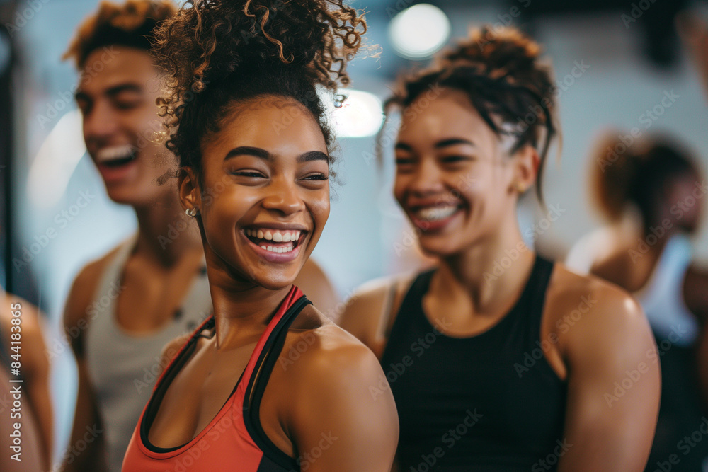 A group of women are smiling and posing for a photo in a gym. Scene is happy and energetic, as the women are enjoying their time together while exercising A group of women are smiling and posing for a photo in a gym. Scene is happy and energetic, as the women are enjoying their time together while exercising