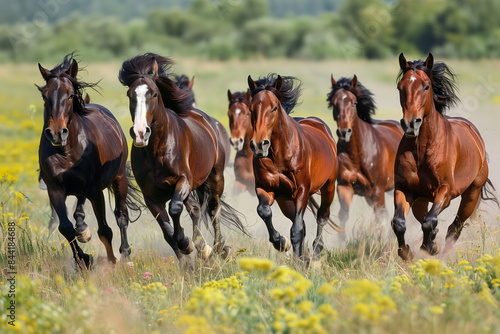 A group of horses running in a field. 