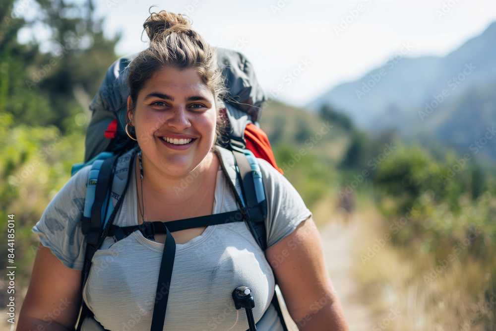 A woman with a backpack and a blue jacket is smiling. She looks happy and content. Concept of adventure and excitement, as the woman is likely embarking on a hiking or camping trip