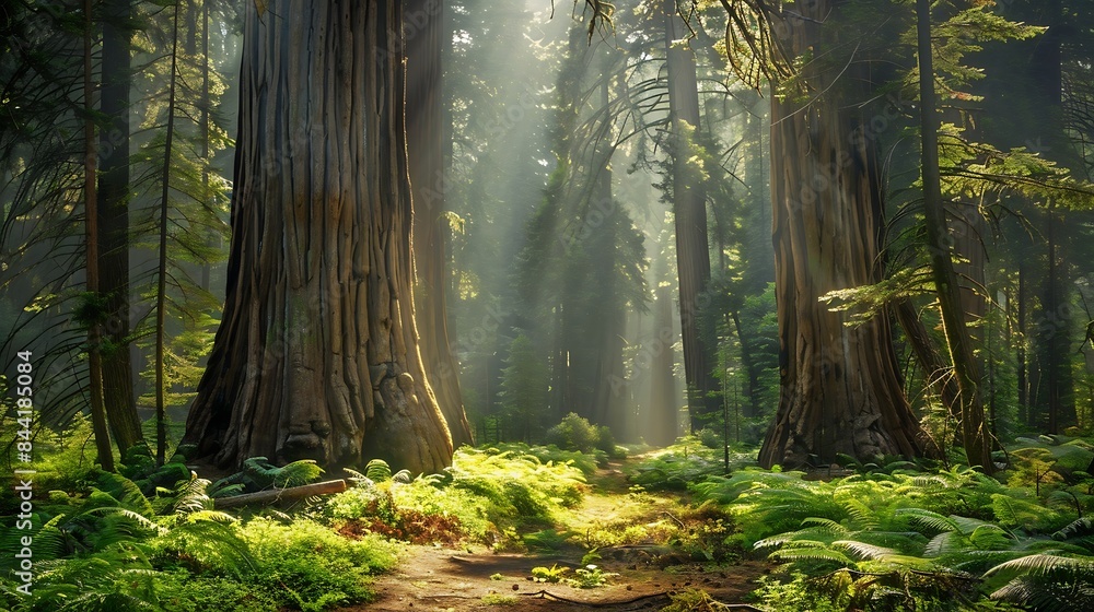 Fototapeta premium Sun shining through the forest with sequoia trees