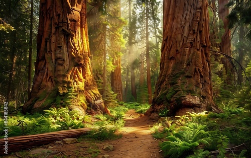 Sun shining through the forest with sequoia trees