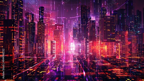 Abstract digital cityscape with skyscrapers and neon lights. A Vision of Urban Futurism Where Skyscrapers Pierce the Night Sky Bathed in Radiant Glow © Koplexs-Stock