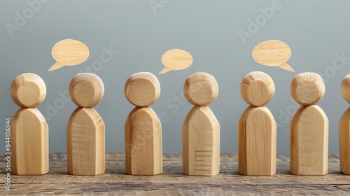 Wooden figures representing a group discussion, set against a neutral background in a minimalist style