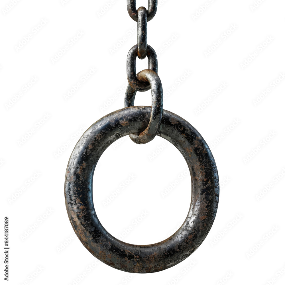 A rusty metal chain with a circular ring, symbolizing strength, connection, and industrial design, isolated on transparent background. A rusty metal chain with a circular ring, symbolizing strength, connection, and industrial design, isolated on transparent background.