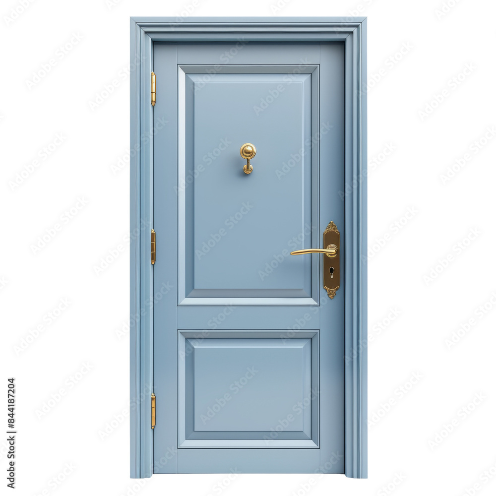 Elegant blue front door with a polished brass handle, keyhole, and knocker. Isolated on transparent background.