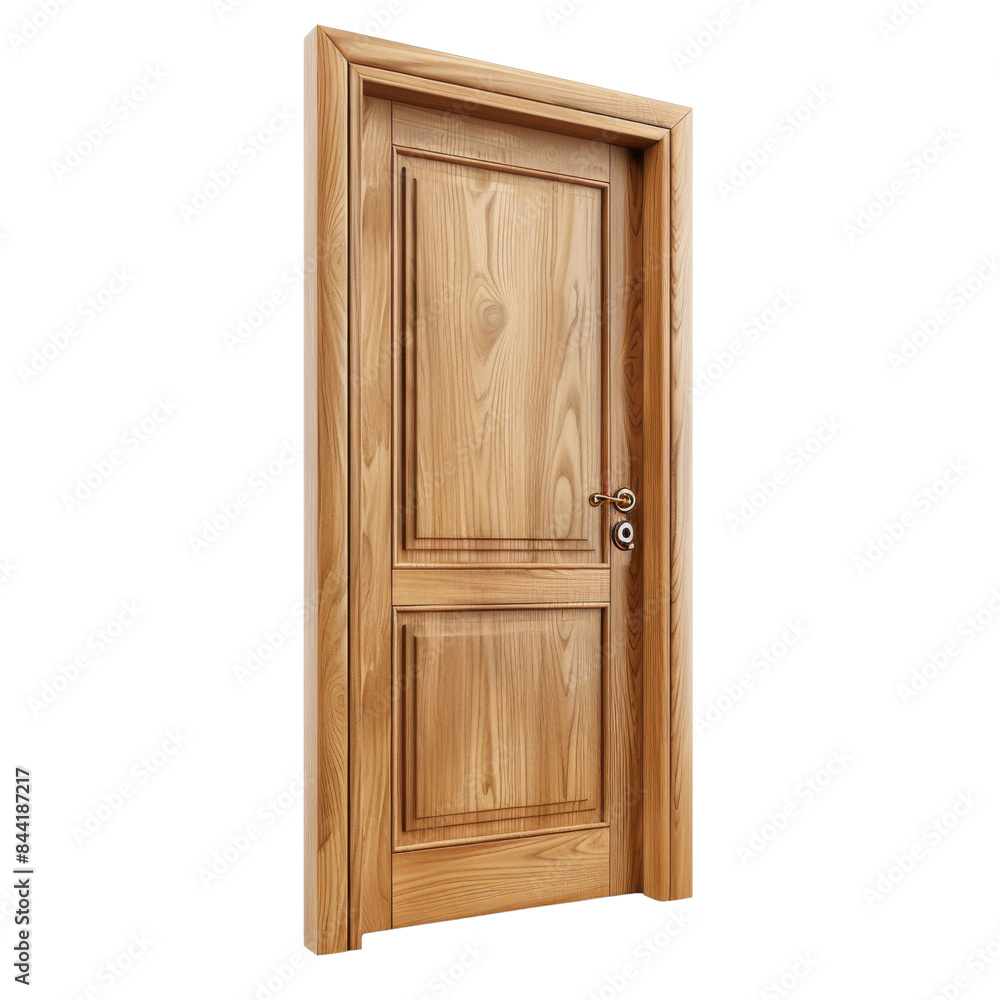 Elegant wooden door with a simple design, featuring a handle and keyhole, isolated on a transparent background. Elegant wooden door with a simple design, featuring a handle and keyhole, isolated on a transparent background.