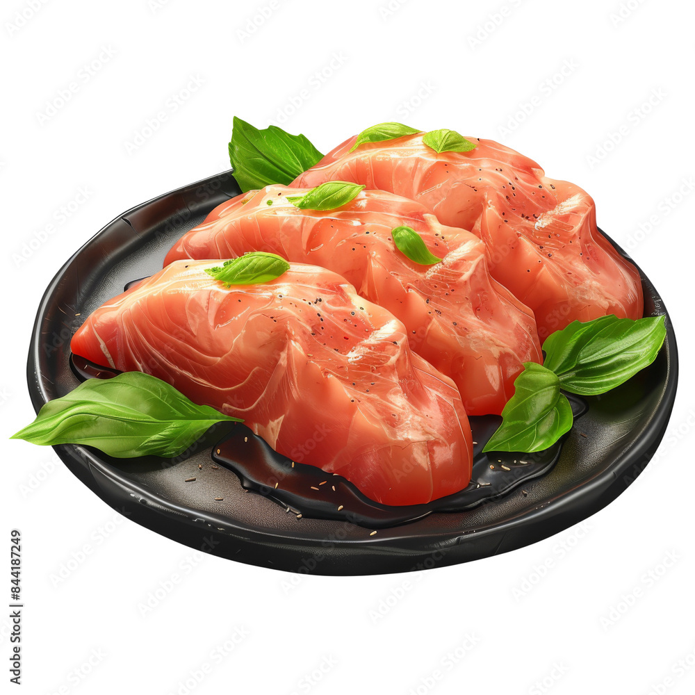 Fresh salmon fillets on a black plate garnished with basil leaves. High-quality seafood perfect for culinary use. transparent background Fresh salmon fillets on a black plate garnished with basil leaves. High-quality seafood perfect for culinary use. transparent background