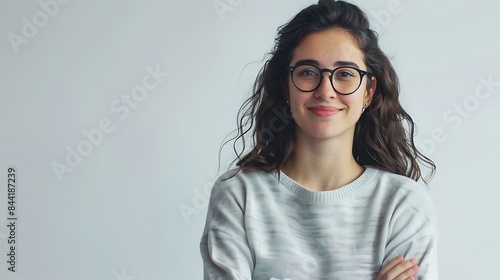 Happy millennial woman in glasses posting with, looking at camera, smiling. Confident female customer, young student girl, professional head shot portrait, on solid colored background