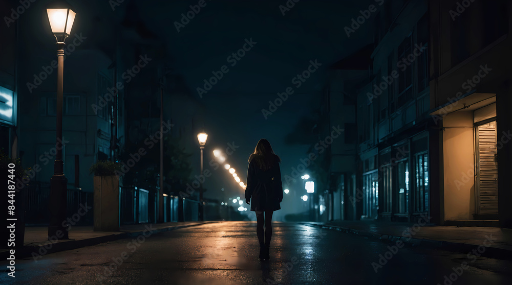 A lonely girl stands in the middle of the road at night A lonely girl stands in the middle of the road at night
