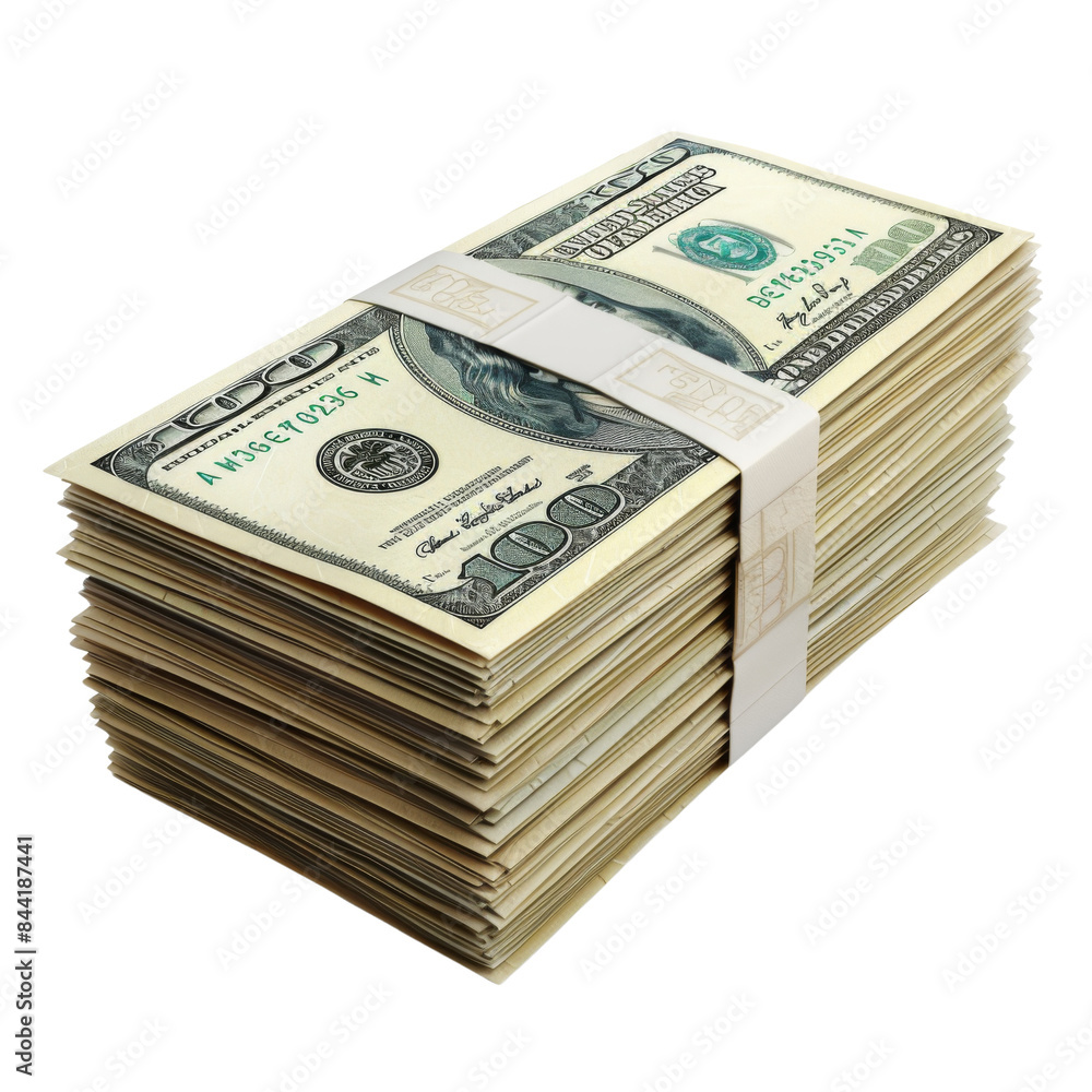 Stack of hundred dollar bills wrapped with a rubber band, representing wealth, finance, and cash flow in a professional context. transparent background Stack of hundred dollar bills wrapped with a rubber band, representing wealth, finance, and cash flow in a professional context. transparent background