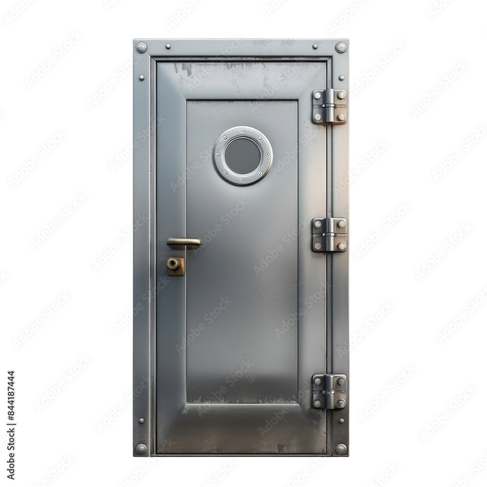Steel security door with circular window, strong hinges, and tight seal, suitable for industrial or commercial use. transparent background Steel security door with circular window, strong hinges, and tight seal, suitable for industrial or commercial use. transparent background