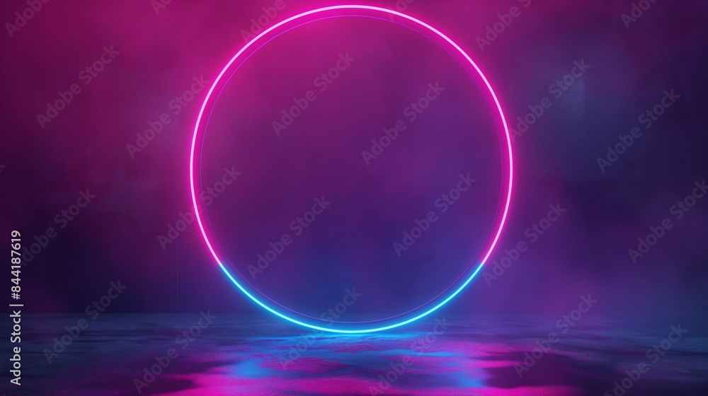 A smoky empty room with a light blue neon glowing ring. A smoky empty room with a light blue neon glowing ring.