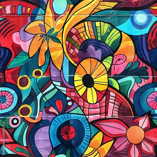 Close-up details of a community mural art showing intricate patterns and vivid colors, focusing on the collaboration between diverse artists