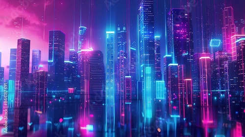 Wallpaper Mural Abstract digital cityscape with skyscrapers and neon lights. A Vision of Urban Futurism Where Skyscrapers Pierce the Night Sky Bathed in Radiant Glow Torontodigital.ca