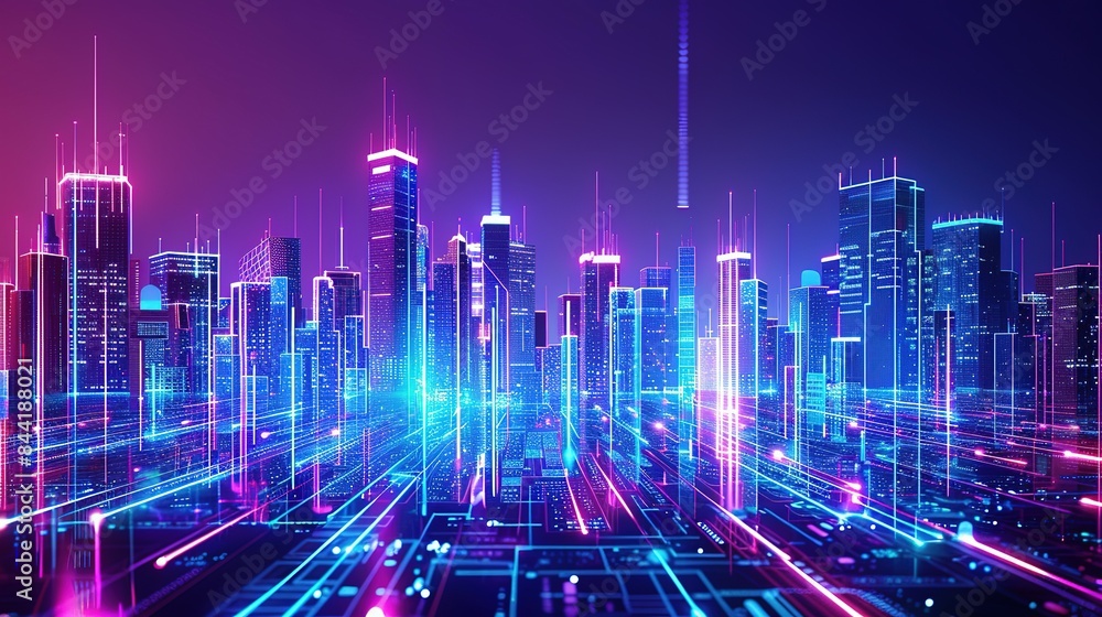Abstract digital cityscape with skyscrapers and neon lights. A Vision of Urban Futurism Where Skyscrapers Pierce the Night Sky Bathed in Radiant Glow