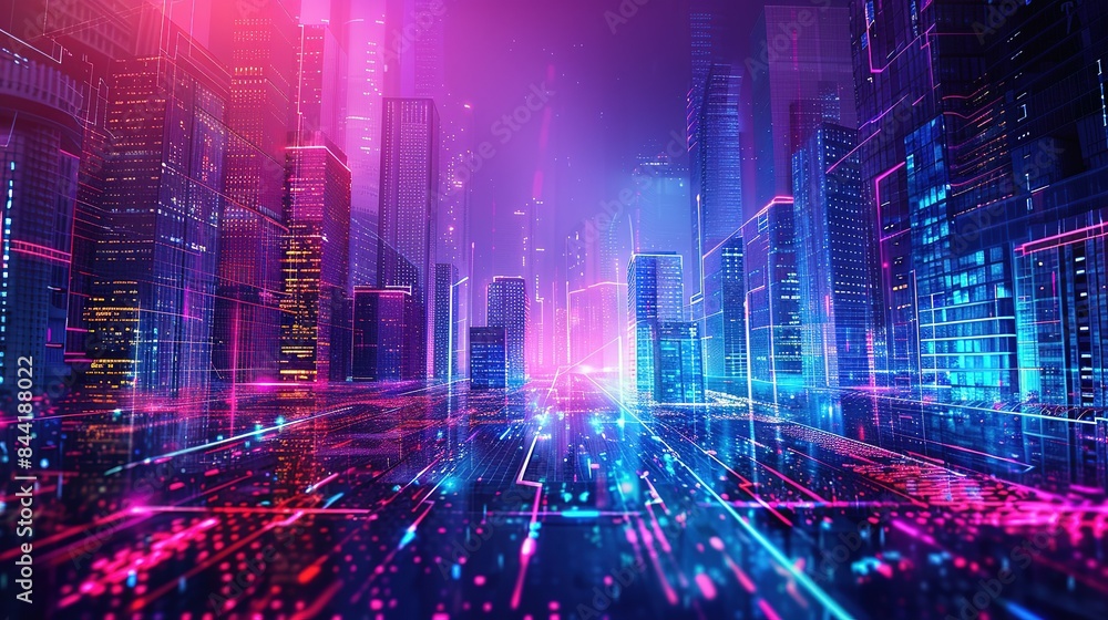 Abstract digital cityscape with skyscrapers and neon lights. A Vision of Urban Futurism Where Skyscrapers Pierce the Night Sky Bathed in Radiant Glow Abstract digital cityscape with skyscrapers and neon lights. A Vision of Urban Futurism Where Skyscrapers Pierce the Night Sky Bathed in Radiant Glow