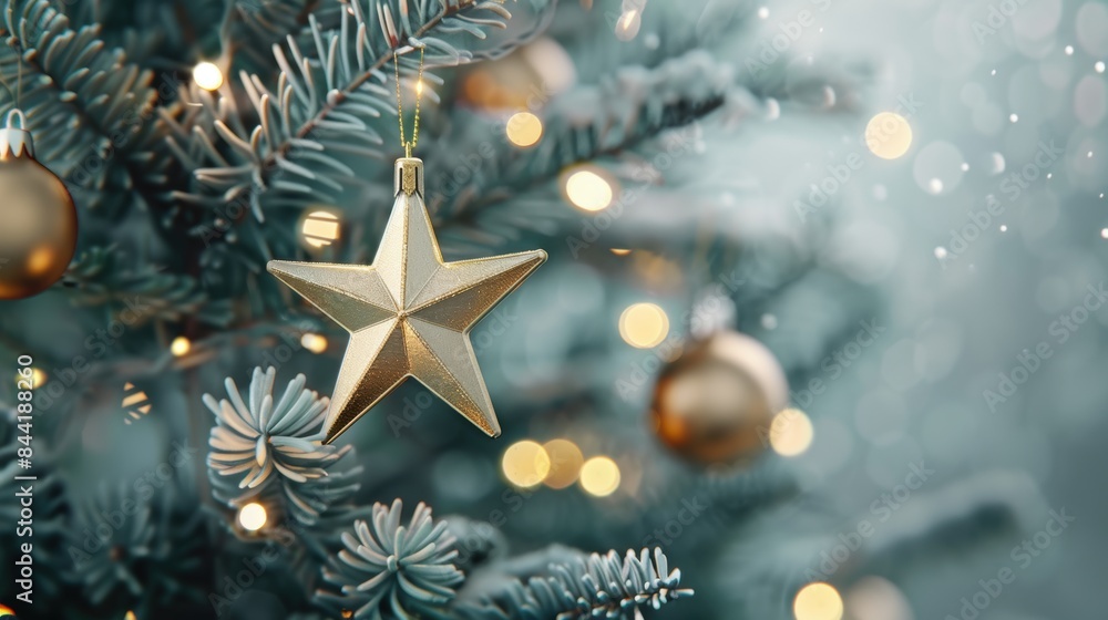 Golden Star Christmas Ornament on Frosty Pine Tree Golden Star Christmas Ornament on Frosty Pine Tree