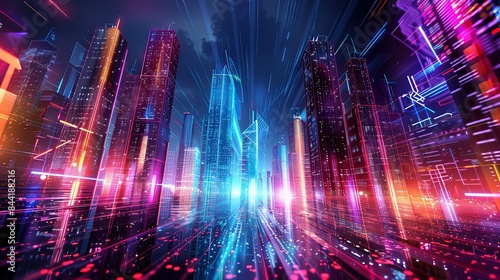 Wallpaper Mural Abstract digital cityscape with skyscrapers and neon lights. A Vision of Urban Futurism Where Skyscrapers Pierce the Night Sky Bathed in Radiant Glow Torontodigital.ca